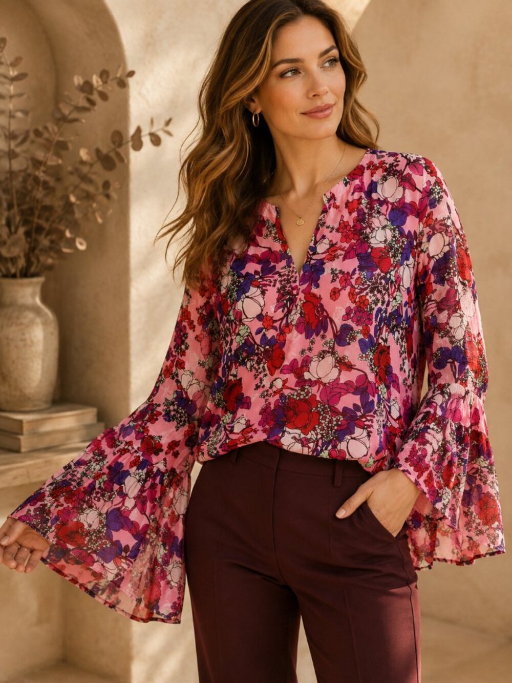 Tanya Taylor Harper Floral Bell Sleeve Blouse Pink Red Purple Small